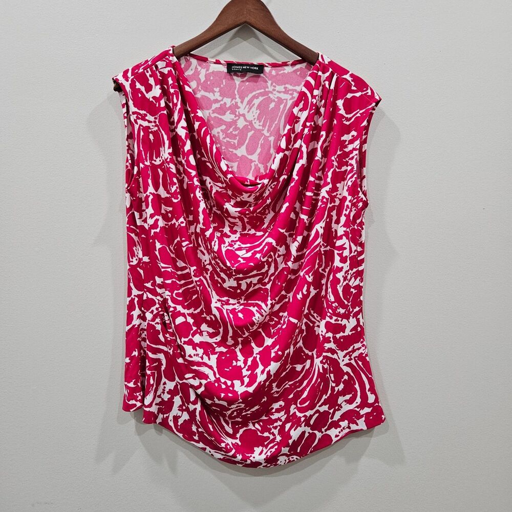 Jones New York Womens Sleeveless Top Pink White XL Cowl Neck Barbiecore Feminine